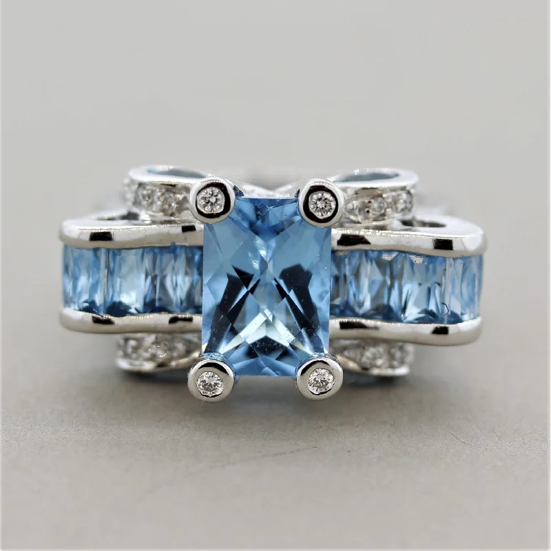 Chunky stone rings-Bellarri Blue Topaz Diamond Gold Cocktail Ring