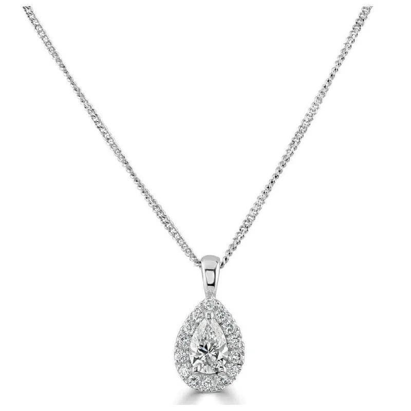 Mixed metal engagement rings-18ct White Gold Pear Cut Diamond Halo Cluster Pendant