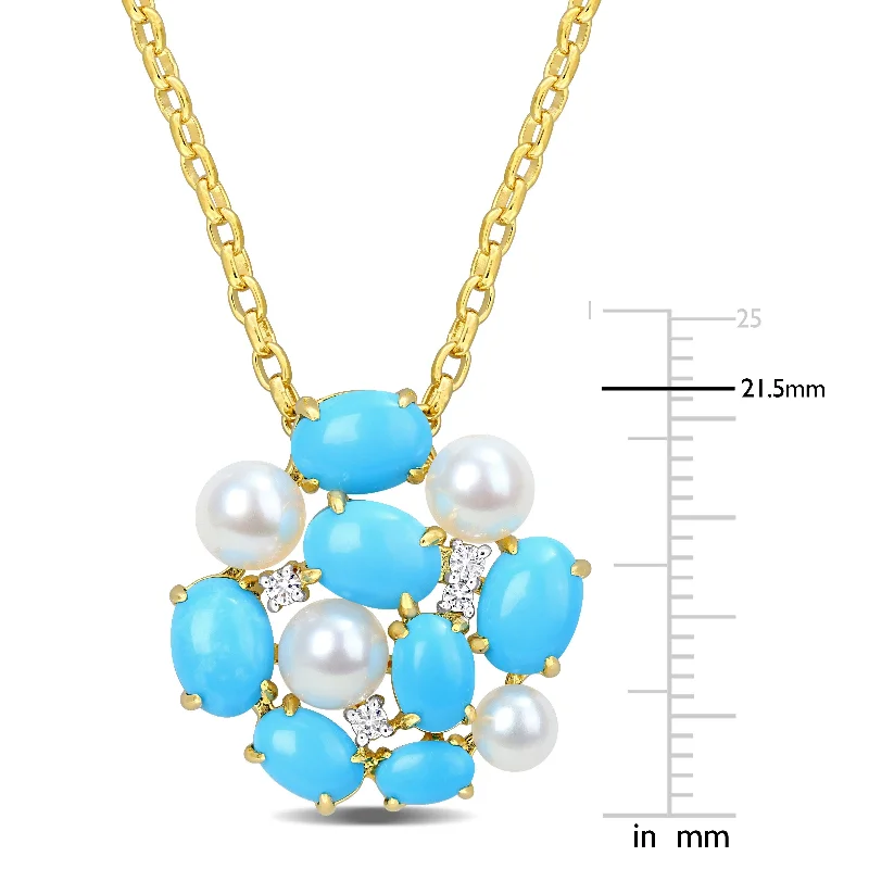 Miadora 5 3/5ct TGW Created Turquoise White Sapphire Cultured Freshwater Pearl Necklace Yellow Silver