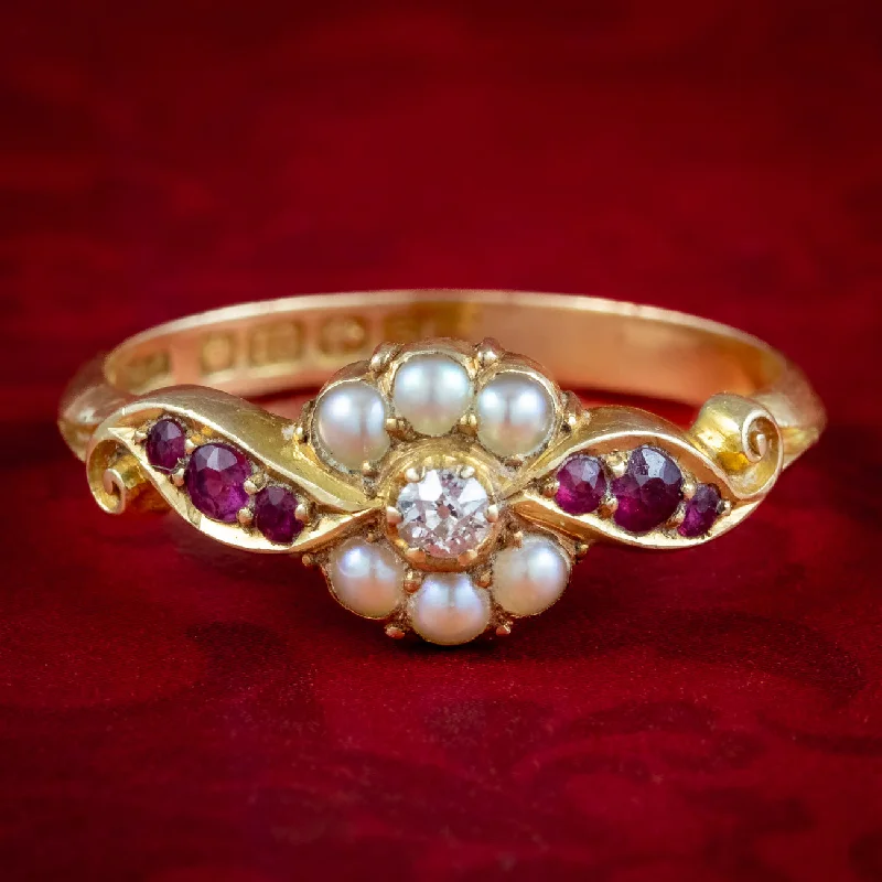 Elastic gem rings-Antique Edwardian Ruby Diamond Pearl Cluster Ring Dated 1906