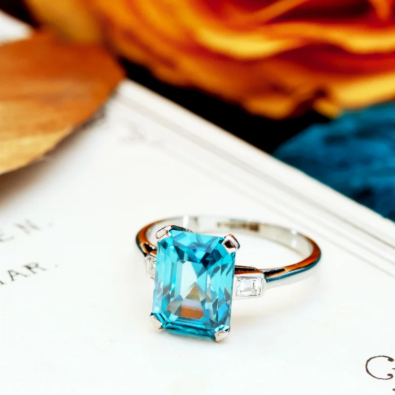 Spring band rings-Vintage Blue Zircon & Diamond Platinum Ring