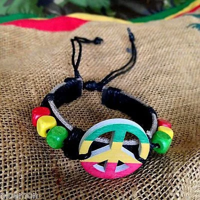 Wide chain bangles-Rasta Fashion Bracelet Leather Wrist Cuff Peace Sign Emblem Jamaica Reggae IRIE