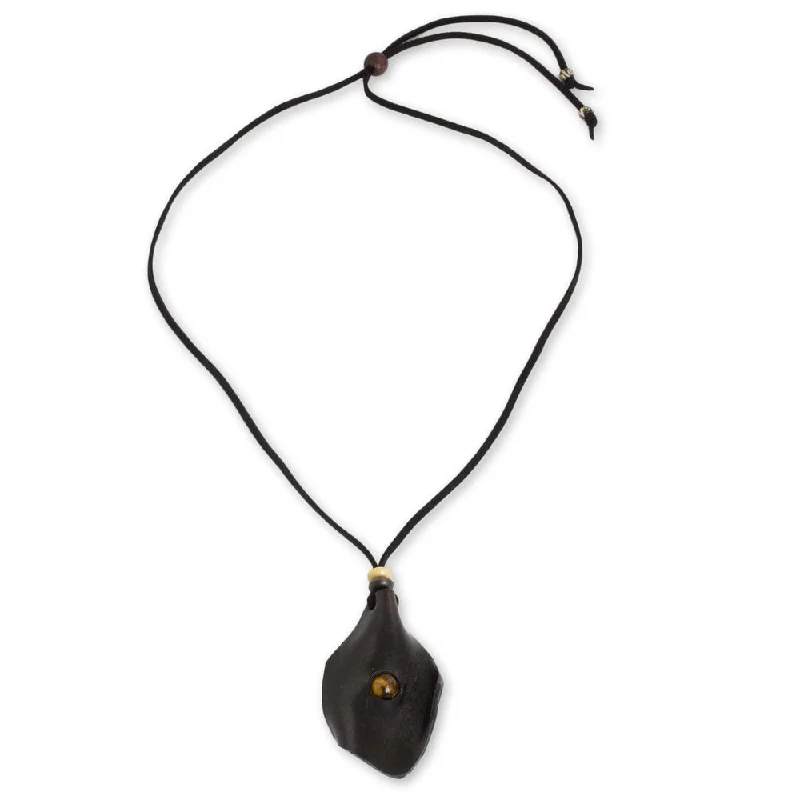 Handmade Men's Leather 'Thai Cowboy in Black' Tiger's Eye Necklace (Thailand)