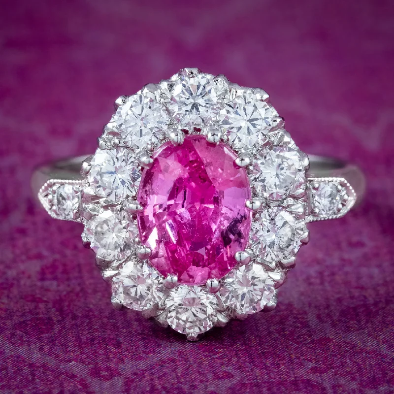 Tide shape rings-Edwardian Style Pink Sapphire Diamond Cluster Ring 1.75ct Sapphire