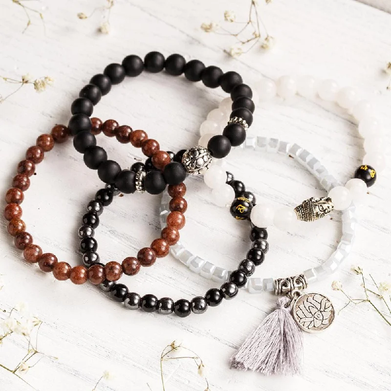 Mesh charm bangles-Buddha & Lotus Bracelet Set