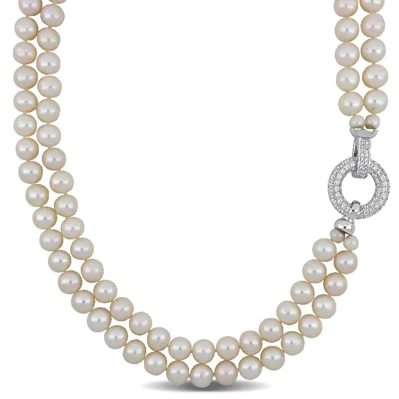 Miadora Freshwater Cultured Pearl Double String Necklace Sterling Silver Clasp (7-8mm)