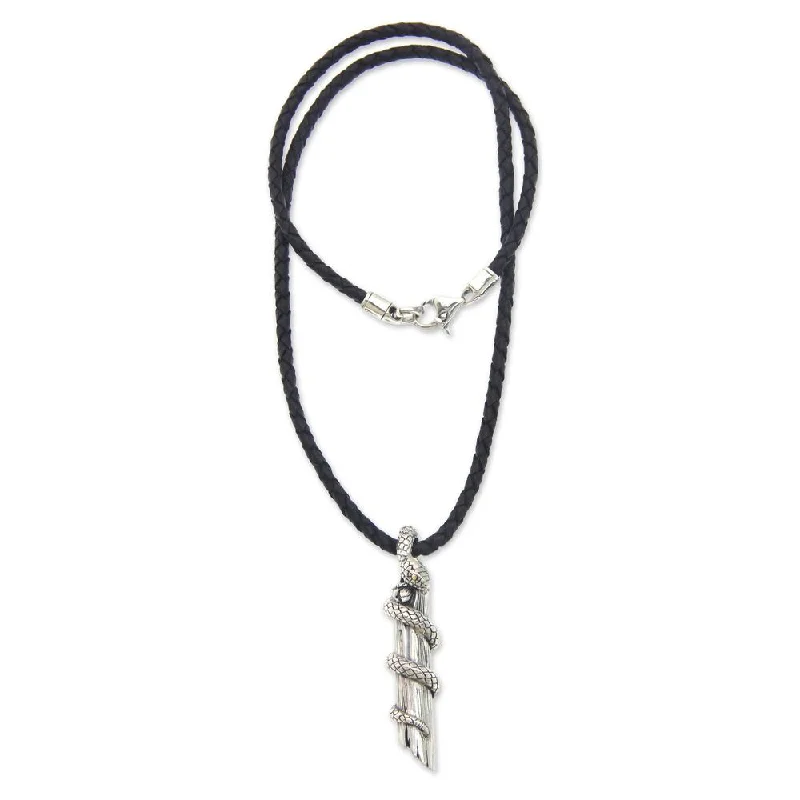 Handmade Men's Leather 'Bamboo Python' Sterling Silver Necklace (Indonesia)