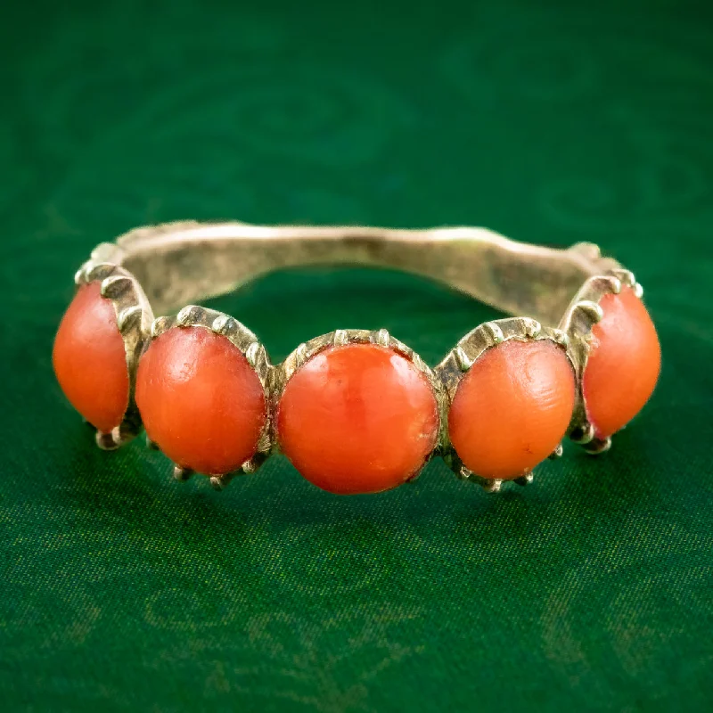 Tiny heart rings-Antique Georgian Coral Five Stone Ring