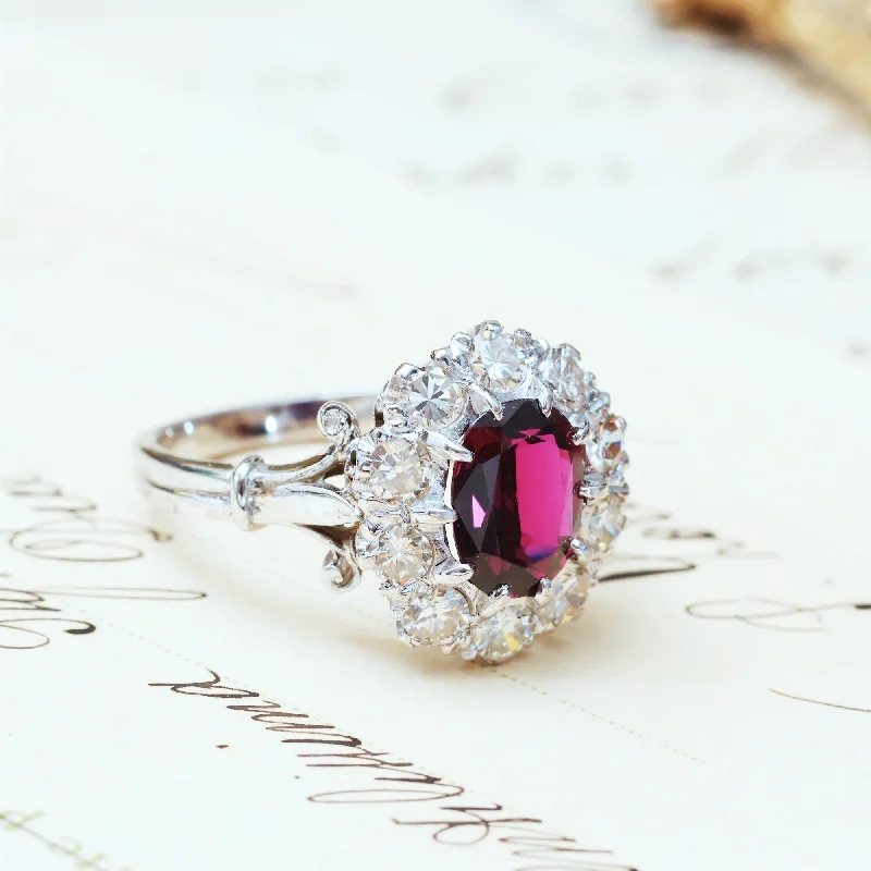 Fiber edge rings-Extraordinary Vintage Deep Wine Ruby & Diamond Cluster Ring