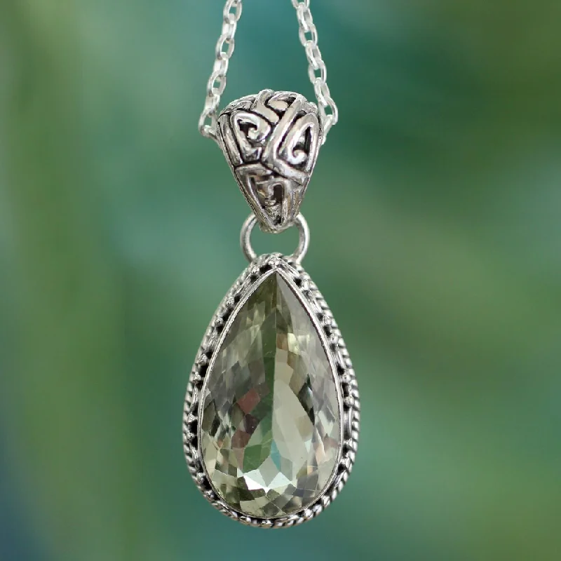 Handmade Verdant Mist 18 Carat Green Teardrop Prasiolite Quartz Set in 925 Sterling Silver Ornate Bail Pendant Necklace (India)