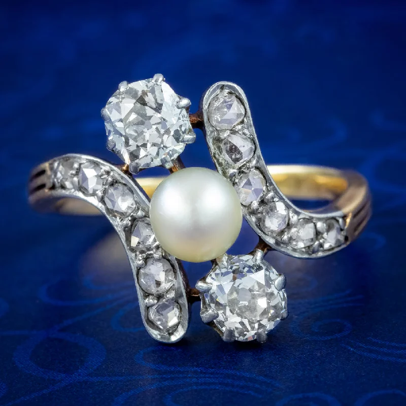 Fox design rings-Antique Victorian Pearl Diamond Trilogy Twist Ring 1.8ct Diamond Ring with Pearls