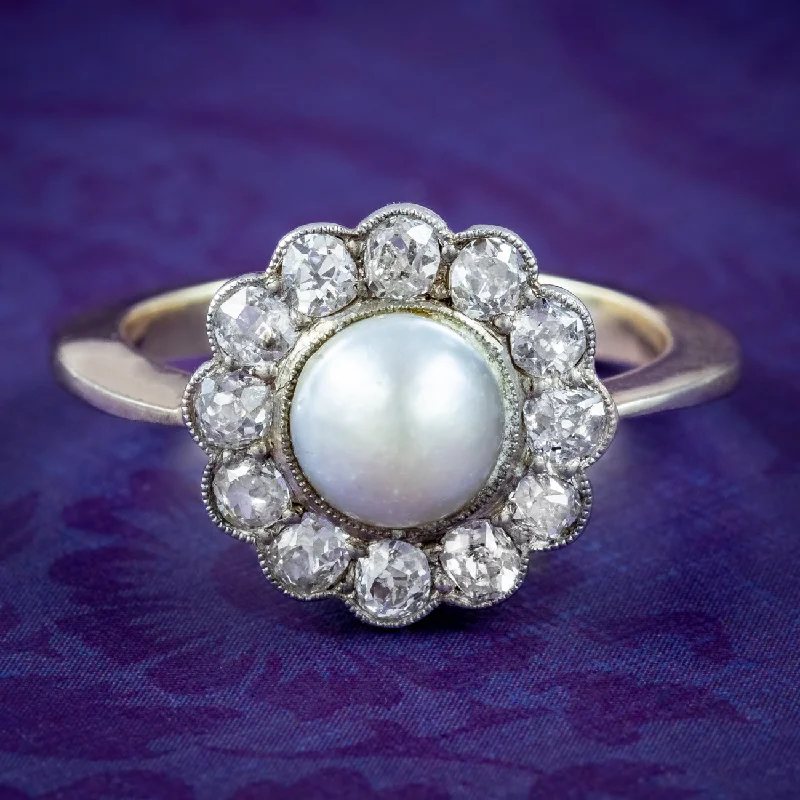 Tide shape rings-Antique Victorian Natural Pearl Diamond Daisy Cluster Ring 1ct Of Diamond