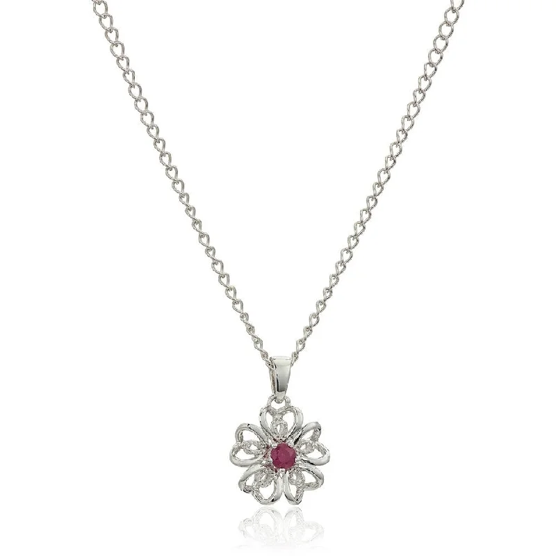 Sterling Silver Ruby Black Flower Pendant Necklace, 18" - Red