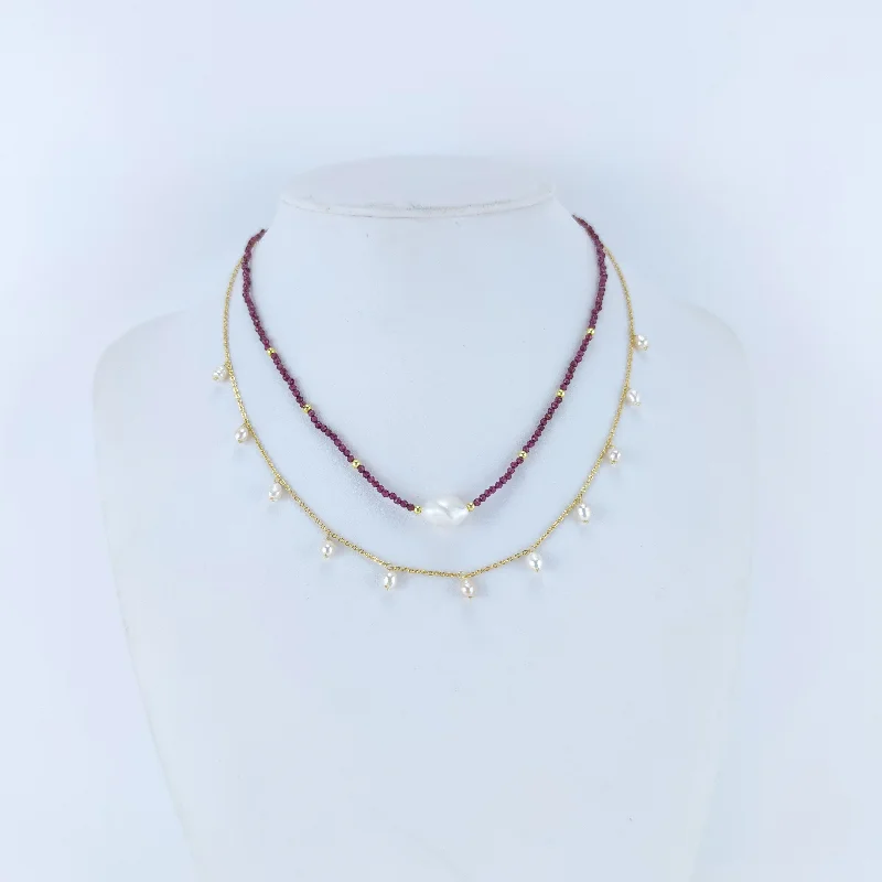 18K Gold over Sterling Silver Garnet and Freshwater Pearl Two-Strand Station Necklace