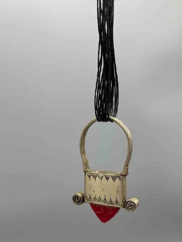 Bold cuff bangles-Large Tuareg InGall Metal & Glass Pendant Leather Necklace Choker  - Niger