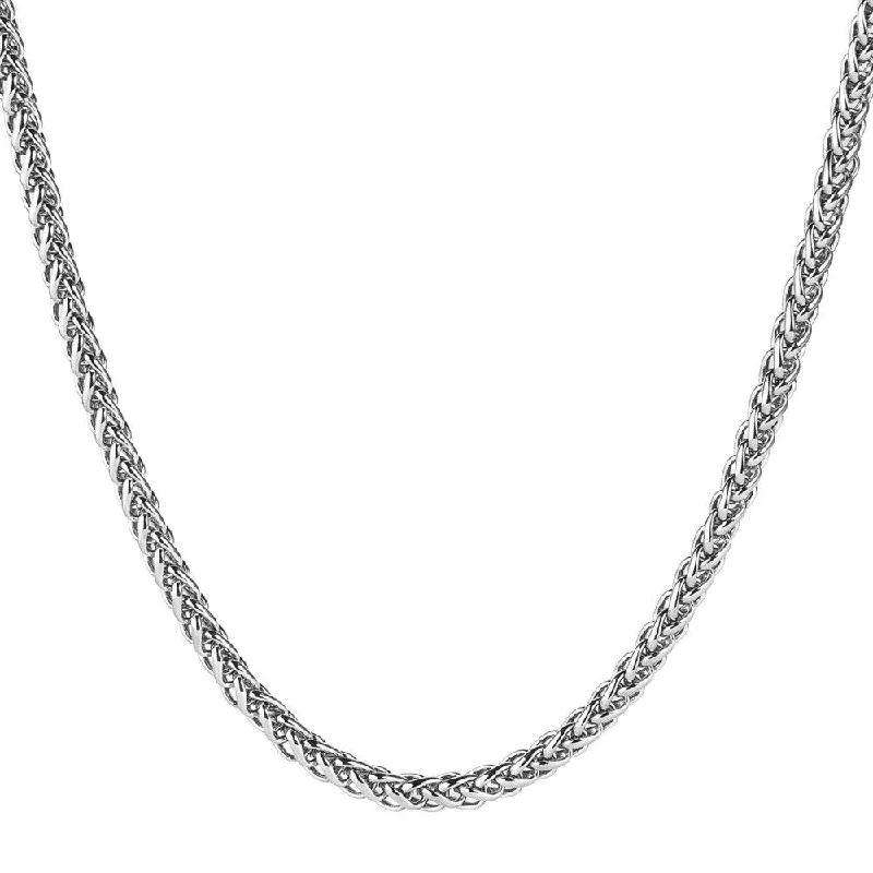 Men's Polished Stainless Steel Wheat Chain Necklace (24 Inches) - Silver