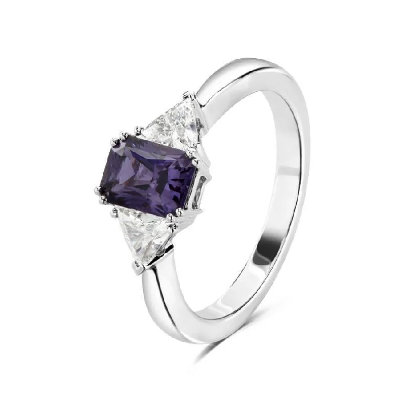 Oval cut engagement rings-18ct White Gold Rectangular Cut Purple Sapphire & Trilliant Cut Diamond Trilogy Ring