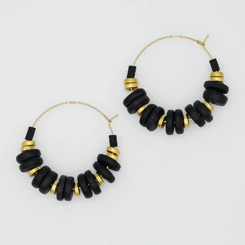 Baroque pearl earrings-Black and Gold Hoop Dangle Earring