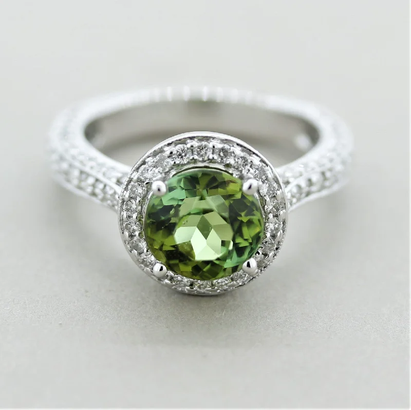 Quartz inlay rings-Green Tourmaline Diamond Gold Ring