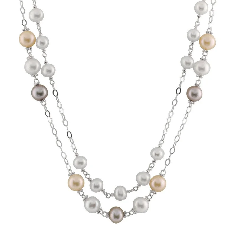 White Sterling Silver Multicolor Pearl Double Row Tin Cup Necklace