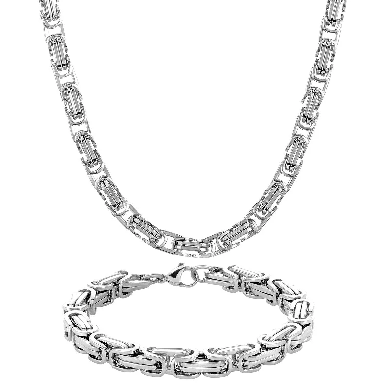 Men's Byzantine Chain Stainless Steel Bracelet and Necklace Jewelry Set (2-Piece Set)