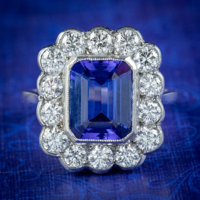 Art deco rings-Art Deco Style Tanzanite Diamond Cluster Ring 3.50ct Tanzanite