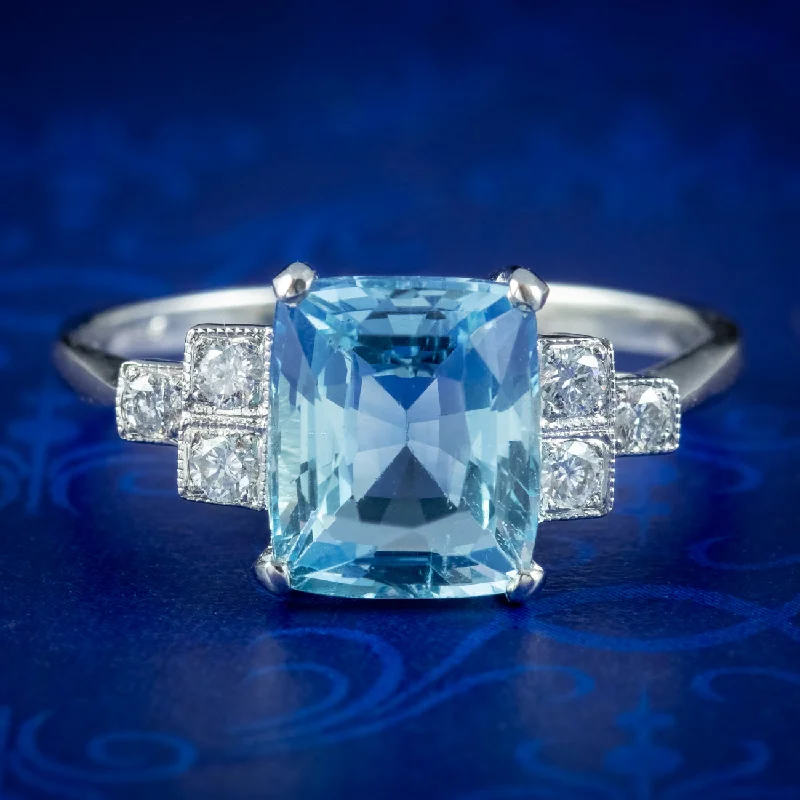 Sleek band rings-Art Deco Style Aquamarine Diamond Ring 2.3ct Aqua