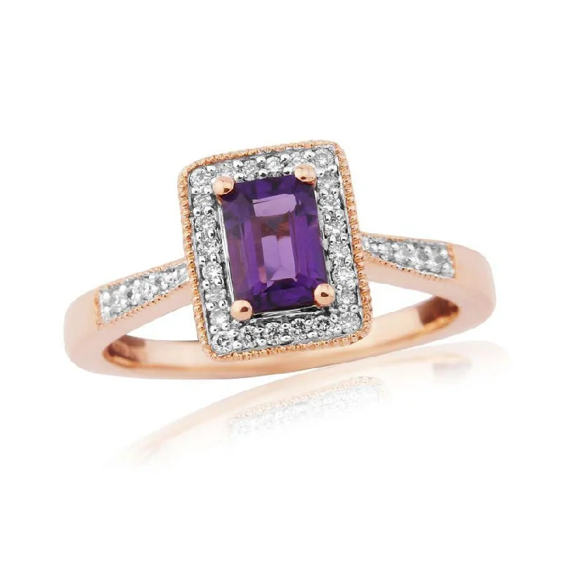 Cedar grain engagement rings-9ct Rose Gold Emerald Cut Amethyst & Diamond Halo Cluster Ring with Diamond Shoulders