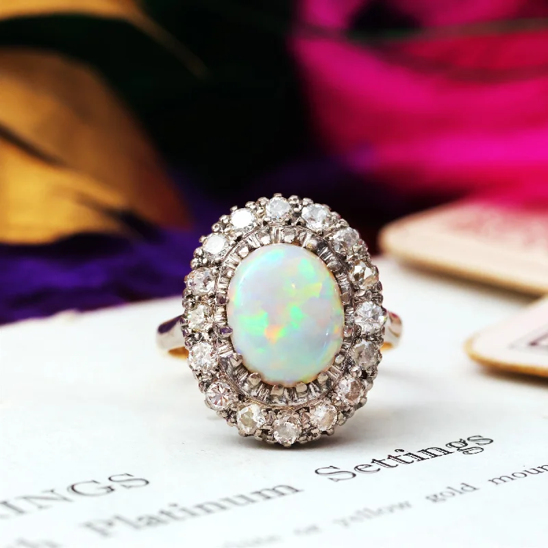 Tiered design rings-Vintage Glamour! Opal & Diamond Cluster Cocktail Ring