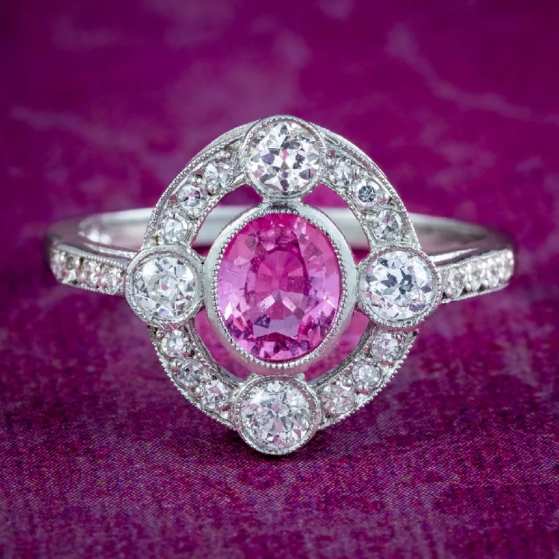 Textured letter rings-Art Deco Style Pink Sapphire Diamond Cluster Ring 0.75ct Sapphire