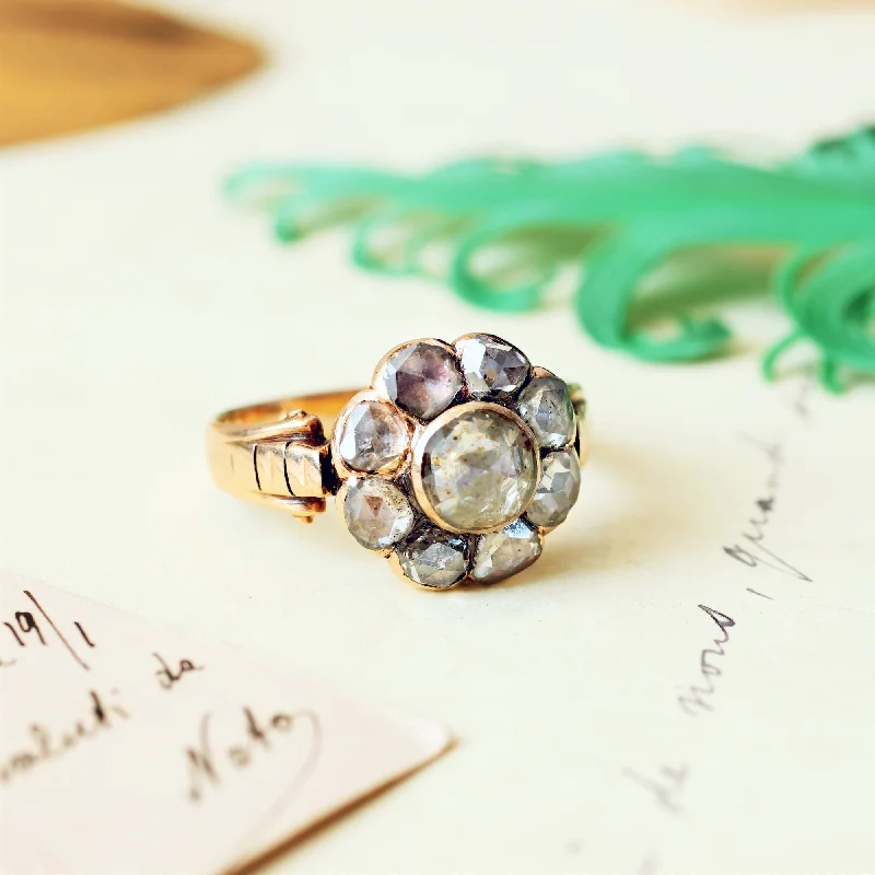 Retro deco rings-Beauteous Antique Rose Cut Diamond Cluster Ring