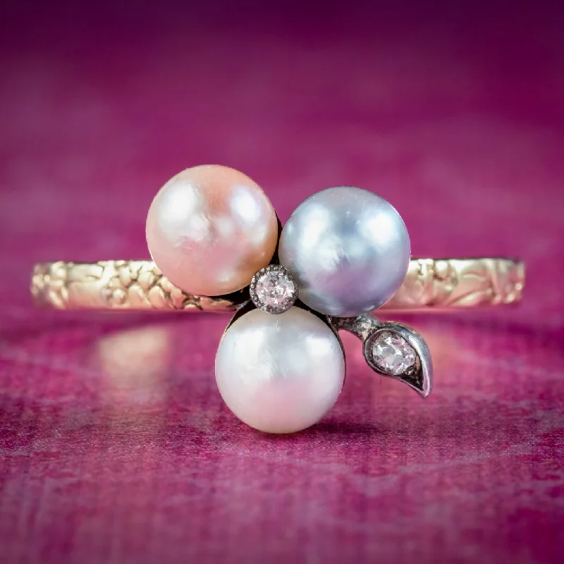 Retro charm rings-Georgian Style Pearl Diamond Shamrock Ring