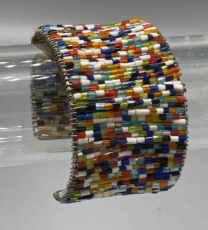 Chunky cuff bangles-Wide Rigid Sparkling Colorful Beaded Wire Bracelet - Nigeria