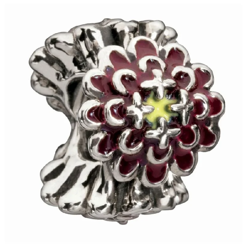 Oval stone engagement rings-Silver enamel bead - Burgandy Blooming Zinnia