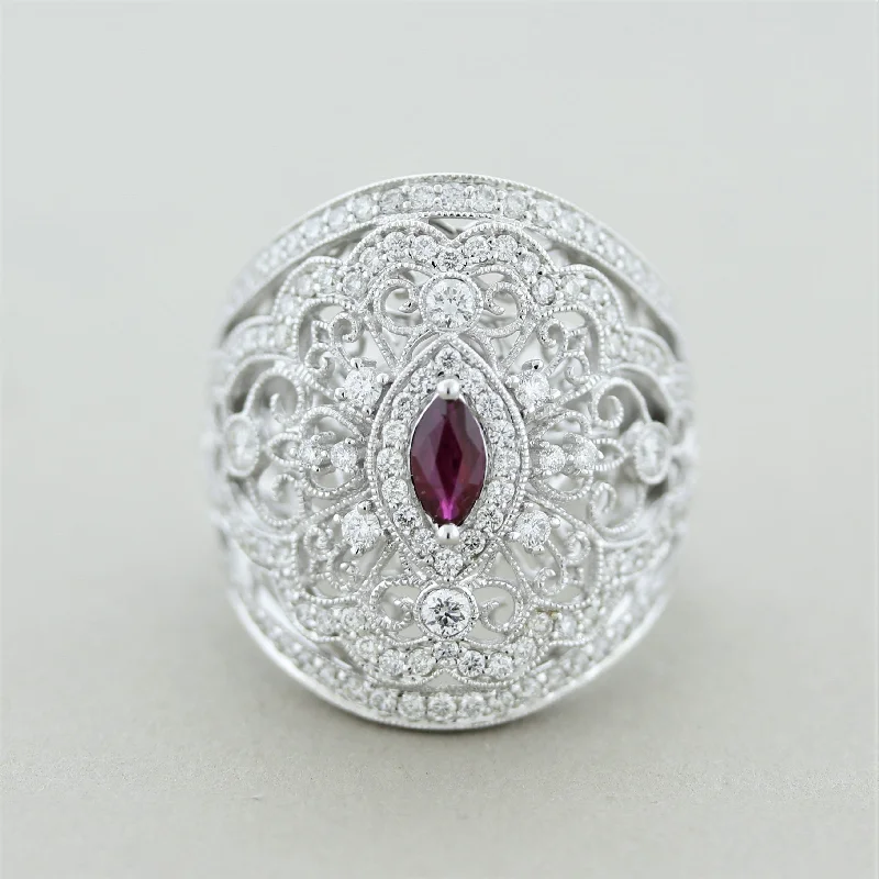 Light wood rings-Antique Style Diamond Ruby Wide Band Ring