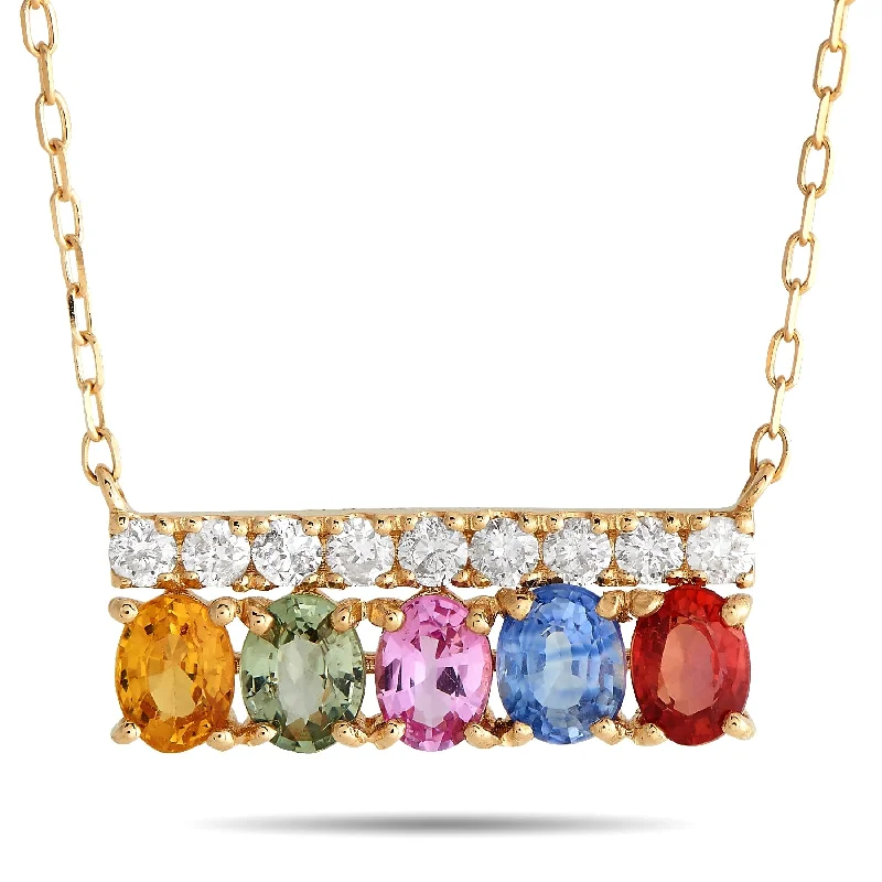 Yellow Gold 0.17ct Diamond and Multicolored Sapphire Necklace MF15-103123 Length 15 Inch