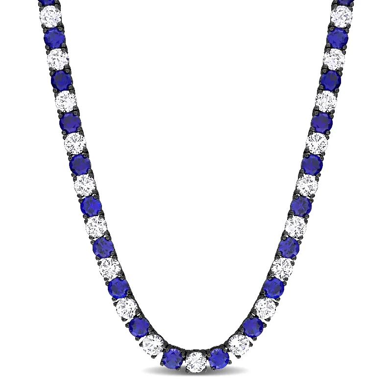 Miadora 40ct Created White & Blue Sapphire Men's Necklace in Black Rhodium Silver