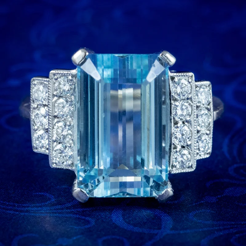 Retro deco rings-Vintage Aquamarine Diamond Ring 6ct Aqua Dated 1950