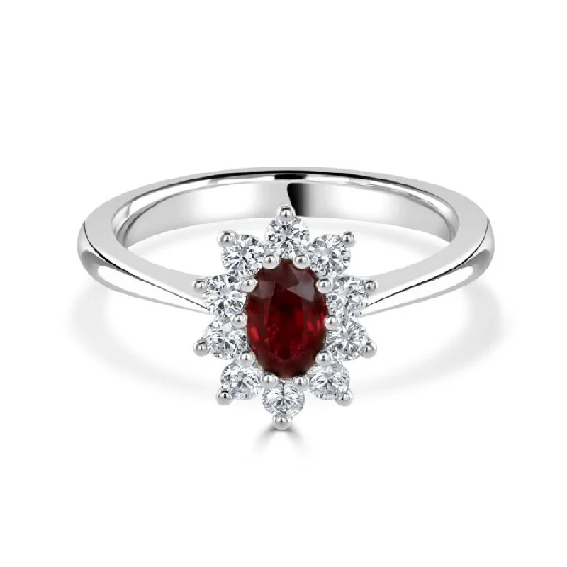 Chunky stone engagement rings-Platinum oval ruby and diamond cluster claw set ring