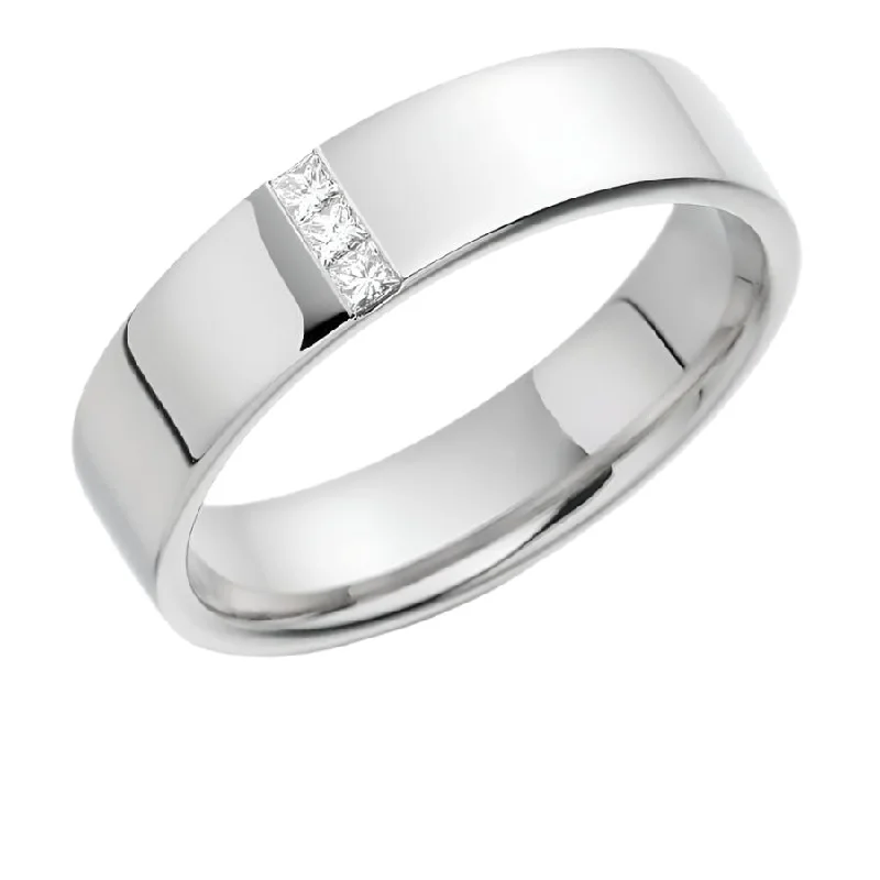 Solid band engagement rings-18ct White Gold 6mm Diamond Set Flat Court Wedding Band