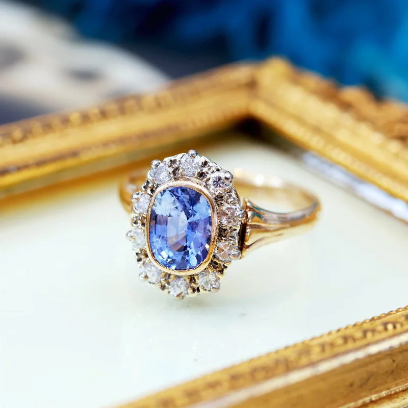 Small flower rings-Vintage Delight! Ceylon Sapphire & Diamond Cluster Ring