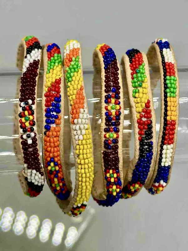 Cotton cord bangles-Multi-color narrow fine beaded leather bracelet - Mauritania