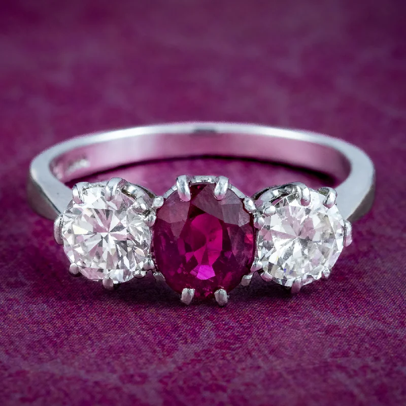 Smooth stone rings-Edwardian Style Ruby Diamond Trilogy Ring 0.90ct Ruby 1.6ct Diamond