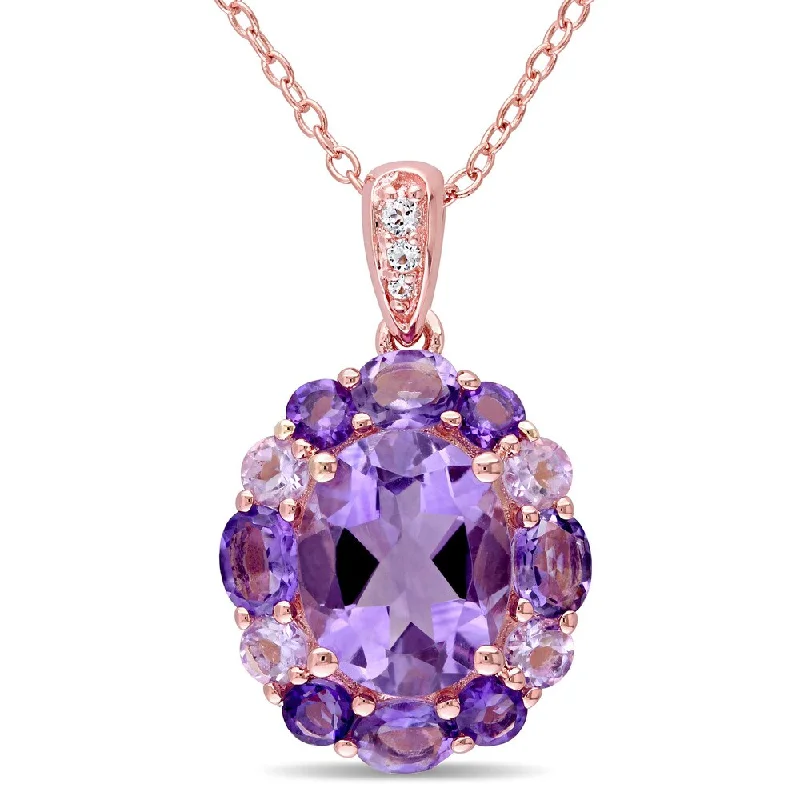 Miadora Rose Silver Amethyst Rose de France and White Topaz Halo Necklace - Purple