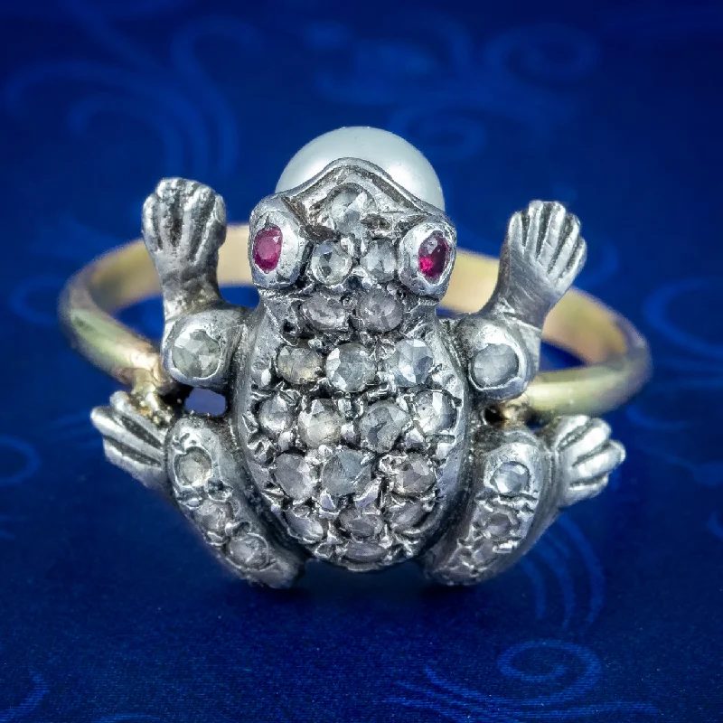 Topaz rings-Victorian Style Diamond Pearl Frog Ring Ruby Eyes