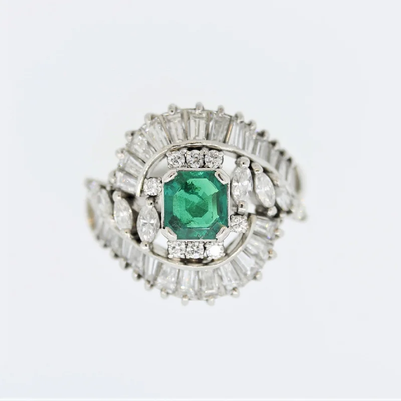 Tide motif rings-Mid-Century Emerald Diamond Platinum Spray Ring