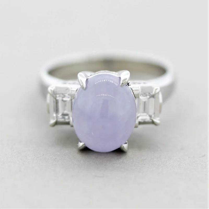 Retro deco rings-Lavender Jadeite Jade Diamond Platinum 3-Stone Ring