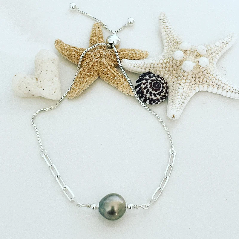 Dainty charm bangles-Adjustable Sterling Silver Tahitian Pearl Bracelet