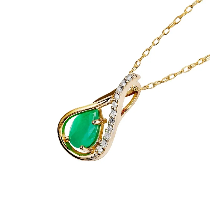 Viducci 10k Yellow Gold Genuine Pear-shape Emerald and Diamond Halo Drop Pendant Necklace