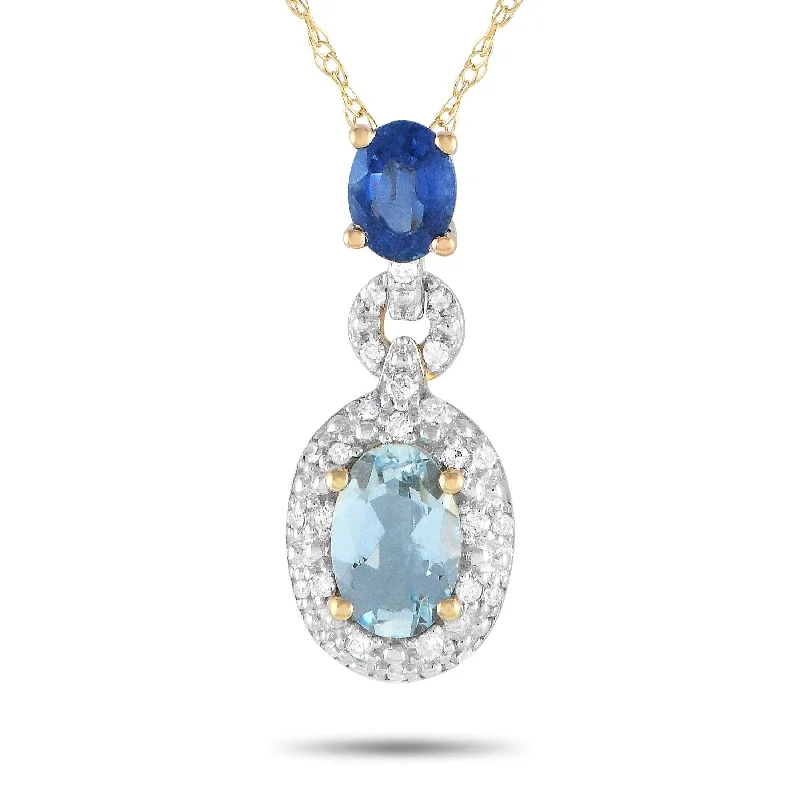 Yellow Gold 0.08ct Diamond, Aquamarine, and Sapphire Necklace PD4-16183YAQSA Length 18 Inch